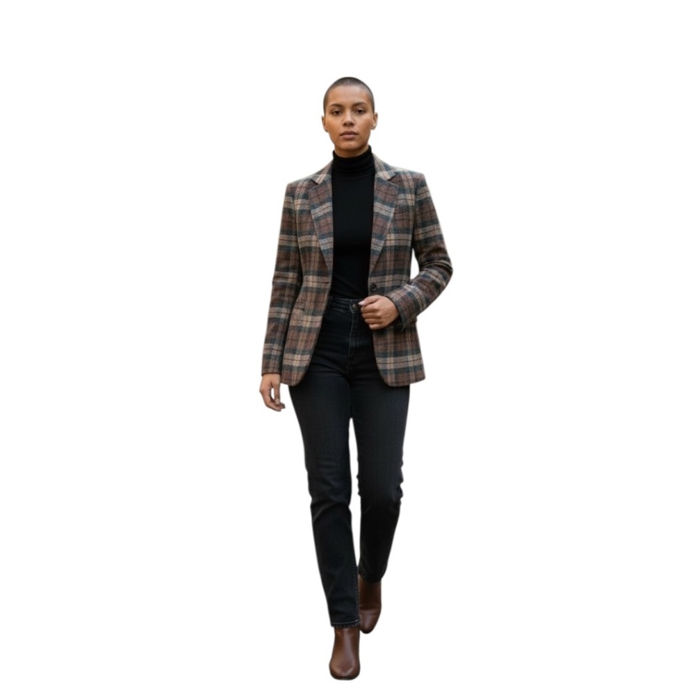 Vintage 80s Dumas Women’s Plaid Wool Blazer Tailored Jacket Brown Check Pattern